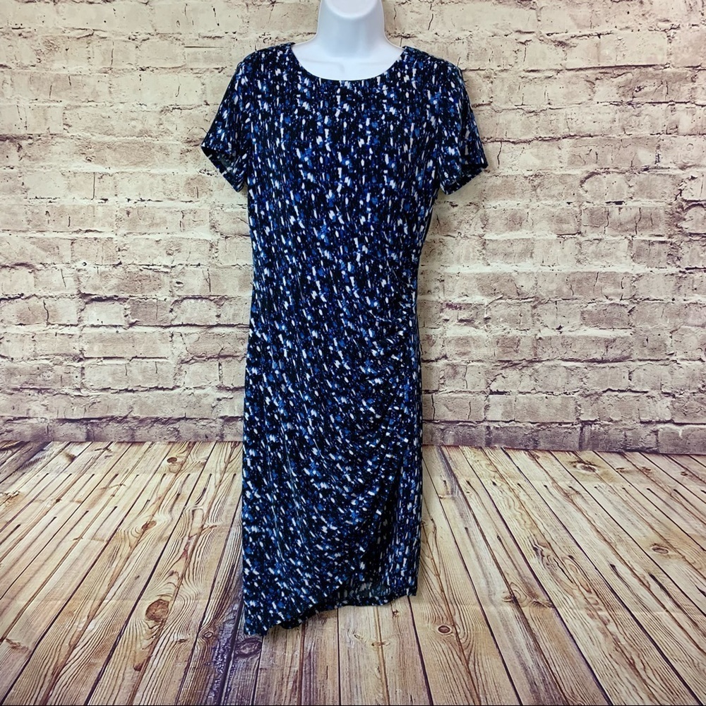 Suite 7 Blue Black Print Tulip Hem Short Sleeve Dress